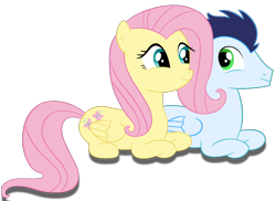 Size: 2046x1487 | Tagged: safe, artist:meandmyideas, fluttershy, soarin', pegasus, pony, looking at each other, male, prone, shipping, simple background, soarinshy, straight, transparent background