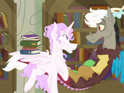 Size: 1280x960 | Tagged: safe, artist:torielity, discord, princess celestia, alicorn, pony, book, bookshelf, cute, cutelestia, pink-mane celestia, younger