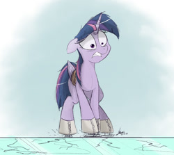 Size: 1200x1071 | Tagged: safe, artist:ncmares, derpibooru import, twilight sparkle, twilight sparkle (alicorn), alicorn, pony, bound wings, cracked, female, gritted teeth, ice, ice skates, ice skating, mare, rope, scared, solo, this will end in tears, wide eyes, wings