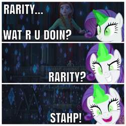 Size: 1200x1200 | Tagged: safe, artist:kalecgos, rarity, pony, unicorn, inspiration manifestation, anna, corrupted, cutie mark, frozen (movie), frozen 2, inspirarity, meme, parody, possessed, princess anna, stahp