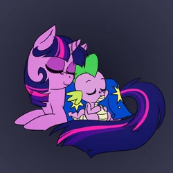 Size: 600x600 | Tagged: artist needed, safe, derpibooru import, spike, twilight sparkle, dragon, blanket, cute, eyes closed, mama twilight, nuzzling, prone, sleeping, smiling, spikelove