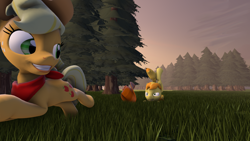 Size: 2560x1440 | Tagged: safe, artist:5oussn, applejack, braeburn, earth pony, pony, 3d, chase, fell, field, ouch, source filmmaker, tree, trip