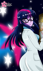 Size: 600x1000 | Tagged: safe, artist:clouddg, derpibooru import, sci-twi, twilight sparkle, equestria girls, rainbow rocks, clothes, cutie mark background, female, glasses, lab coat, looking at you, looking back, science, solo