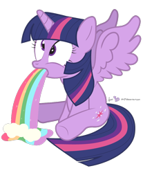 Size: 760x920 | Tagged: safe, artist:dm29, derpibooru import, twilight sparkle, twilight sparkle (alicorn), alicorn, pony, derp, female, mare, puking rainbows, rainbows, simple background, solo, transparent background