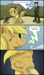 Size: 800x1350 | Tagged: safe, artist:frenkieart, applejack, winona, human, comic, petting, prehensile tail