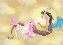 Size: 2337x1691 | Tagged: safe, artist:nati789, discord, princess celestia, alicorn, pony, dislestia, female, flying, happy, male, pink-mane celestia, shipping, straight, younger