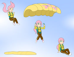 Size: 1280x988 | Tagged: safe, artist:jonfawkes, fluttershy, human, air ponyville, clothes, commission, cute, falling, humanized, long sleeve shirt, long sleeves, pants, parachute, ponytail, scared, sequence, shyabetes, sitting, skydiving, solo, sprite sheet