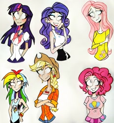 Size: 2472x2662 | Tagged: safe, artist:citi, derpibooru import, applejack, fluttershy, pinkie pie, rainbow dash, rarity, twilight sparkle, twilight sparkle (alicorn), alicorn, human, breasts, cutie mark clothes, delicious flat chest, humanized, mane six, rainbow flat, raritits, traditional art