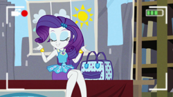 Size: 1920x1080 | Tagged: safe, screencap, rarity, best trends forever, best trends forever: rainbow dash, better together, equestria girls, bag, beautiful, bracelet, cute, desk, eyes closed, geode of shielding, handbag, jewelry, legs, magical geodes, raribetes, shrug, smiling, sun