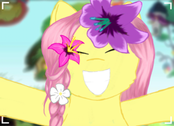 Size: 784x572 | Tagged: safe, artist:onyxpenstroke, derpibooru exclusive, fluttershy, pegasus, pony, alternate hairstyle, arms wide open, blurry background, braid, bust, camera shot, cheek fluff, eyes closed, flower, flower in hair, fluttershy's cottage, happy, portrait, screencapped background, selfie, smiling, solo