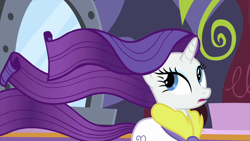Size: 1280x720 | Tagged: safe, screencap, rarity, pony, unicorn, rarity's biggest fan, bathrobe, clothes, female, looking back, mare, open mouth, robe, solo