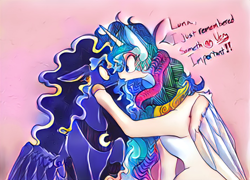 Size: 712x512 | Tagged: safe, artist:greyscaleart, color edit, edit, princess celestia, princess luna, alicorn, pony, alicorns only, colored, dialogue, duo, duo female, female, mare, paintschainer, royal sisters