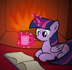 Size: 1329x1288 | Tagged: safe, artist:xain-russell, derpibooru import, twilight sparkle, twilight sparkle (alicorn), alicorn, pony, book, female, fire, mare, mug, solo