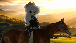 Size: 1002x574 | Tagged: safe, artist:mrdeloop, fluttershy, horse, equestria girls, alternate universe, beard, clothes, day of the flutter, eqg promo pose set, equestria girls: the parody series, facial hair, forest, humans riding horses, humans riding ponies, mountain, poncho, riding, scenery, sun, sunrise