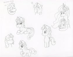 Size: 3211x2509 | Tagged: safe, artist:supahdonarudo, princess celestia, sweetie belle, alicorn, pony, bust, cute, diasweetes, doug, heart, hug, monochrome, mr. dink, sketch, sketch dump, tongue out, traditional art