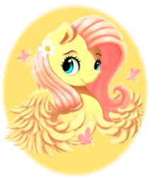 Size: 760x900 | Tagged: safe, artist:moondreamer16, fluttershy, pegasus, pony, bust, cute, flower, flower in hair, looking at you, looking sideways, portrait, shyabetes, simple background, smiling, solo, transparent background