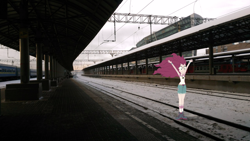 Size: 1280x720 | Tagged: safe, pinkie pie, equestria girls, legend of everfree, equestria girls in real life, irl, photo, railroad, russia, snow, train, train station, winter