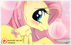 Size: 790x503 | Tagged: safe, artist:lilapudelpony, fluttershy, pegasus, pony, blushing, cute, depth of field, looking back, patreon, patreon logo, profile, shyabetes, smiling, solo