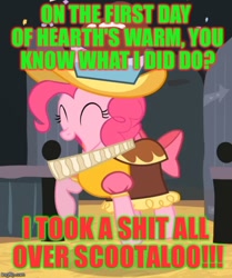 Size: 500x597 | Tagged: safe, pinkie pie, scootaloo, earth pony, pony, 12 days of christmas, hearth's warming, hearth's warming eve, image macro, meme, poop, scat, vulgar