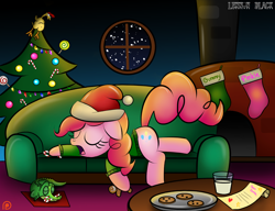 Size: 1300x1000 | Tagged: safe, artist:lennonblack, gummy, pinkie pie, earth pony, pony, candy, candy cane, christmas stocking, christmas tree, clothes, cookie, food, gingerbread man, hat, letter, milk, night, patreon, patreon logo, santa hat, sleeping, sweater, tree