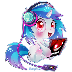 Size: 900x900 | Tagged: safe, artist:rubypm, dj pon-3, vinyl scratch, pony, unicorn, deadmau5, filly, headphones, random album title, simple background, solo, transparent background