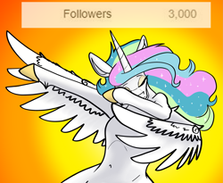 Size: 3653x2994 | Tagged: safe, artist:greyscaleart, princess celestia, alicorn, pony, dab, eyes closed, female, gradient background, mare, milestone, solo, tumblr, wing dab