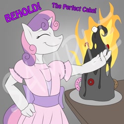 Size: 1000x1000 | Tagged: safe, artist:lil miss jay, sweetie belle, anthro, cake, fire, lethal chef, pyro belle, solo, sweetie fail, sweetiedumb