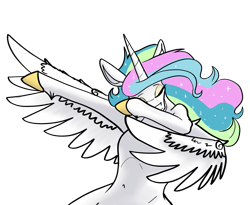 Size: 3653x2994 | Tagged: safe, artist:greyscaleart, princess celestia, alicorn, pony, arm hooves, dab, eyes closed, female, mare, milestone, simple background, solo, transparent background, wing dab