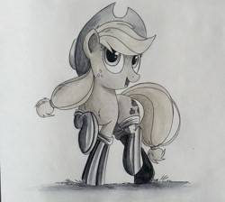 Size: 750x671 | Tagged: safe, artist:ncmares, applejack, earth pony, pony, boots, fireproof boots, grayscale, monochrome, open mouth, raised hoof, solo, traditional art