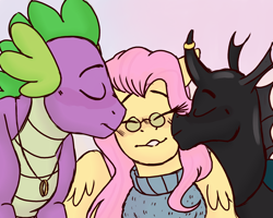 Size: 2000x1600 | Tagged: safe, artist:lxxjunebugxxl, fluttershy, spike, thorax, changeling, dragon, pegasus, pony, clothes, crack shipping, female, fluttershy gets all the dudes, fluttershy gets all the stallions, flutterspike, gay, glasses, interspecies, kiss on the cheek, kiss sandwich, kissing, male, polyamory, shipping, straight, sweater, sweatershy, thoraxshy, thoraxspike