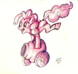 Size: 1024x981 | Tagged: safe, artist:tenshihoshino, pinkie pie, earth pony, pony, monochrome, party cannon, simple background, sketch, solo, white background