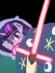 Size: 720x960 | Tagged: safe, artist:lumineko, derpibooru import, twilight sparkle, human, bed, crossguard lightsaber, disembodied hand, duke nukem, hilarious in hindsight, kylo ren, lightsaber, meme, scared, star wars, star wars 7, star wars: the force awakens, weapon