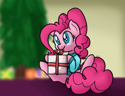 Size: 1619x1251 | Tagged: safe, artist:mang, pinkie pie, earth pony, pony, christmas, christmas tree, present, solo, tongue out, tree