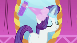 Size: 1280x720 | Tagged: safe, screencap, rarity, pony, unicorn, rarity's biggest fan, spoiler:interseason shorts, eyes closed, female, hairspray, mare