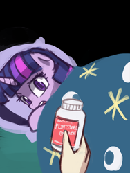 Size: 720x960 | Tagged: safe, artist:lumineko, derpibooru import, twilight sparkle, human, bed, disembodied hand, duke nukem, flintstones vitamins, medicine, meme, scared, vitamins