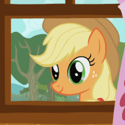 Size: 439x439 | Tagged: safe, screencap, applejack, earth pony, pony, the show stoppers, animated, applejack's hat, blinking, cowboy hat, cringing, cute, female, floppy ears, gritted teeth, hat, jackabetes, mare, smiling