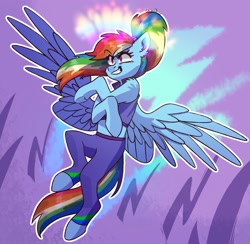 Size: 2048x2000 | Tagged: safe, artist:chibadeer, derpibooru import, rainbow dash, pegasus, pony, semi-anthro, alternate hairstyle, clothes, gameloft interpretation, jacket, midriff, pants, ponytail, rainbow, sports bra, that was fast