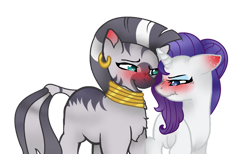 Size: 1024x632 | Tagged: safe, artist:chaoscy, rarity, zecora, pony, unicorn, zebra, alternate hairstyle, bedroom eyes, blushing, chest fluff, ear piercing, earring, eyeshadow, female, freckles, interspecies, jewelry, lesbian, makeup, mare, missing cutie mark, neck rings, piercing, quadrupedal, raricora, shipping, simple background, transparent background, tsundere