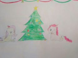 Size: 1040x780 | Tagged: safe, artist:sumi-mlp25, angel bunny, fluttershy, pinkie pie, earth pony, pegasus, pony, bell, candy, candy cane, christmas, christmas tree, food, traditional art, tree