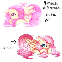 Size: 3000x3000 | Tagged: safe, artist:kurochhi, fluttershy, pegasus, pony, art evolution, comparison, cute, folded wings, high res, one eye closed, prone, redraw, shyabetes, simple background, solo, white background