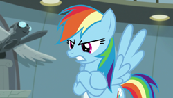 Size: 1920x1080 | Tagged: safe, derpibooru import, screencap, rainbow dash, pegasus, pony, daring doubt, angry, crossed arms, flying, solo