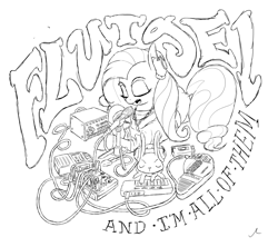 Size: 2700x2400 | Tagged: safe, artist:docwario, angel bunny, fluttershy, pegasus, pony, audio equipment, cable, cables, cassette player, clothes, drum machine, duo, eyes closed, grayscale, headphones, jewelry, making music, microphone, microphone stand, monochrome, musical instrument, necklace, prone, recording, suzuki omnichord, sweater, sweatershy, synthesizer, title