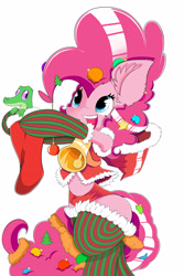 Size: 3393x5092 | Tagged: safe, artist:brony-f, gummy, pinkie pie, earth pony, pony, absurd resolution, bell, bipedal, christmas stocking, clothes, costume, midriff, santa costume, simple background, socks, striped socks, white background