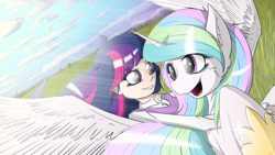 Size: 8000x4500 | Tagged: safe, artist:maneingreen, princess celestia, twilight sparkle, alicorn, human, pony, equestria girls, absurd resolution, cute, grass field, humans riding ponies, riding