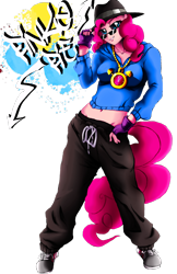 Size: 1024x1583 | Tagged: safe, alternate version, artist:animeclaro, pinkie pie, equestria girls, belly button, clothes, fingerless gloves, glasses, gloves, looking at you, midriff, ponied up, rapper pie, simple background, smiling, solo, transparent background