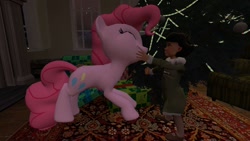 Size: 1366x768 | Tagged: safe, artist:horsesplease, pinkie pie, human, 3d, christmas, christmas lights, christmas tree, cookie, eyes closed, food, gmod, happy, olivia mann, present, stroking, tree