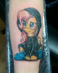 Size: 901x1132 | Tagged: safe, artist:bugplayer, fluttershy, pegasus, pony, clothes, djplays, hoodie, socks, tattoo