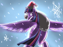 Size: 1024x768 | Tagged: safe, artist:shi x otoko, derpibooru import, twilight sparkle, twilight sparkle (alicorn), alicorn, pony, bag, bipedal, female, hat, mare, pixiv, santa hat, solo