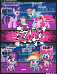 Size: 3000x3918 | Tagged: safe, artist:le-23, derpibooru import, pinkie pie, rainbow dash, twilight sparkle, twilight sparkle (alicorn), alicorn, earth pony, pegasus, pony, g4, my little pony: pony life, broken english, comic, g4 to g4.5, generation leap, library, speech bubble, twilight's castle, twilight's castle library