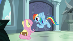 Size: 1920x1080 | Tagged: safe, derpibooru import, screencap, fluttershy, rainbow dash, pegasus, pony, daring doubt